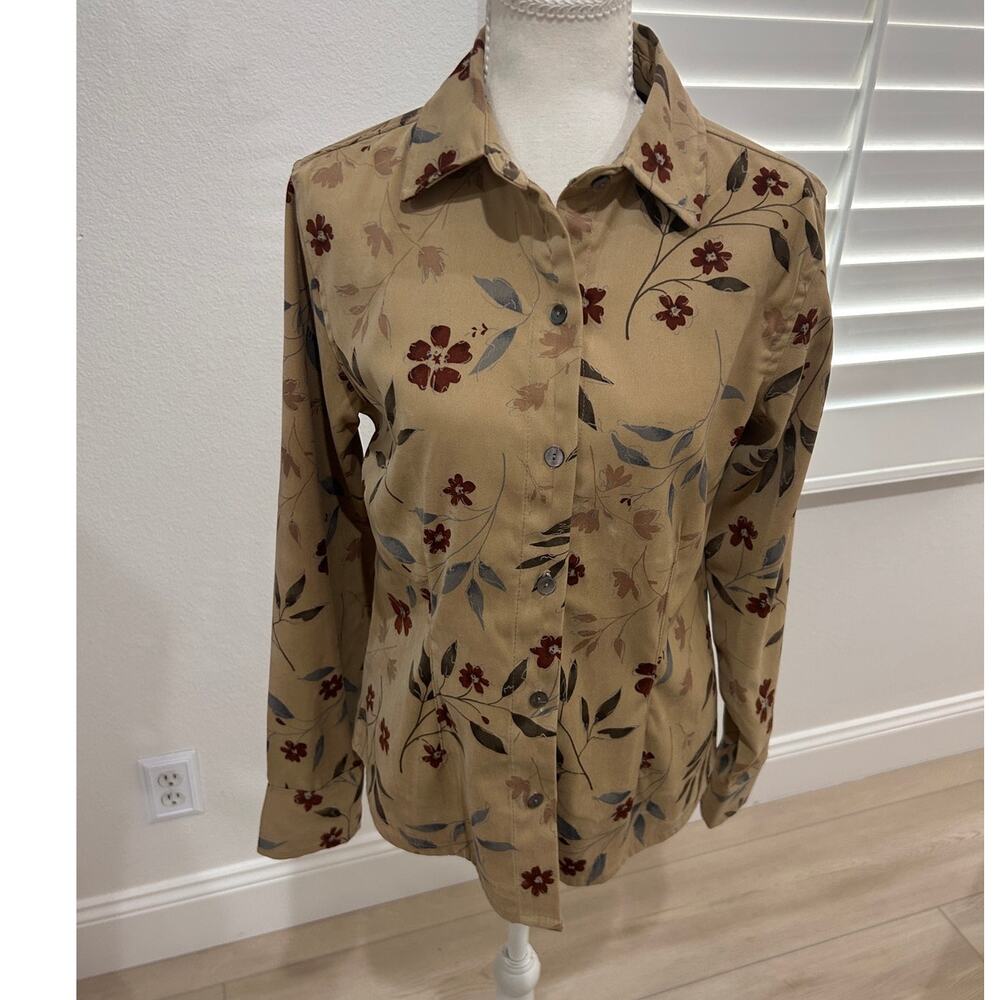 Cotton blend button-front shirt, Caribbean Joe floral print blouse Small